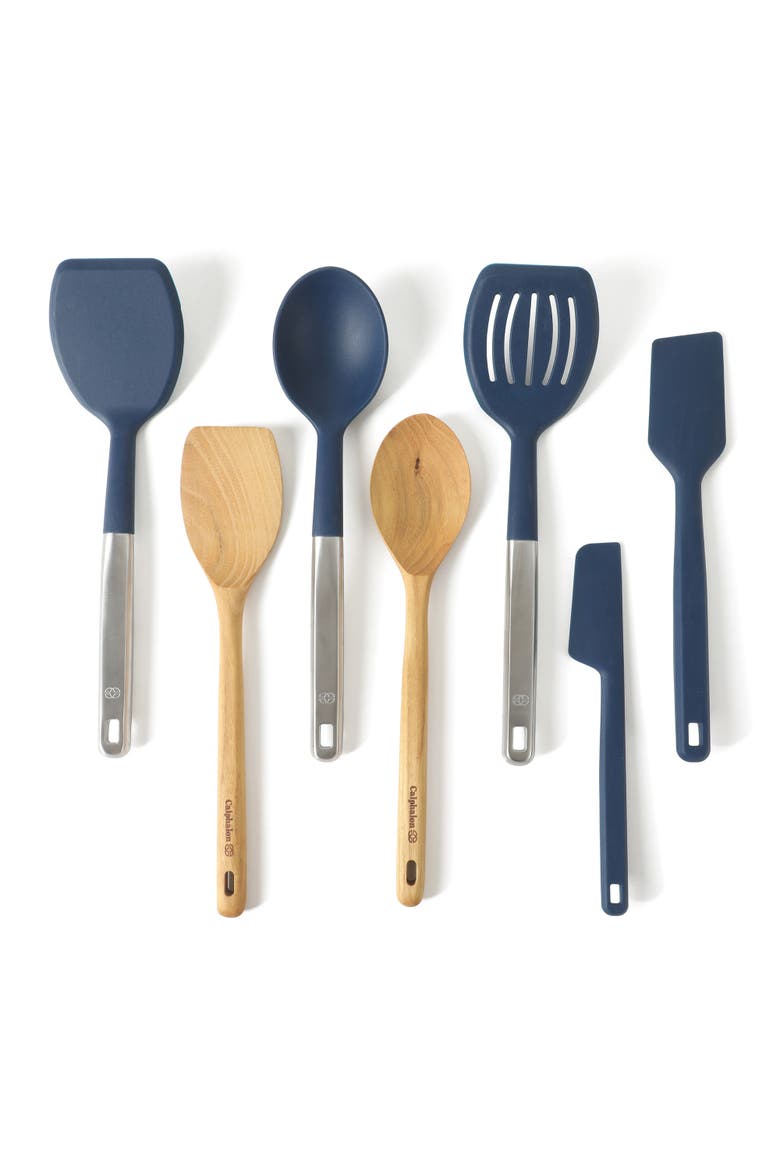 Prime 7 Piece Silicone and Teak Wood Kitchen Tool Set, Main, color, Navy