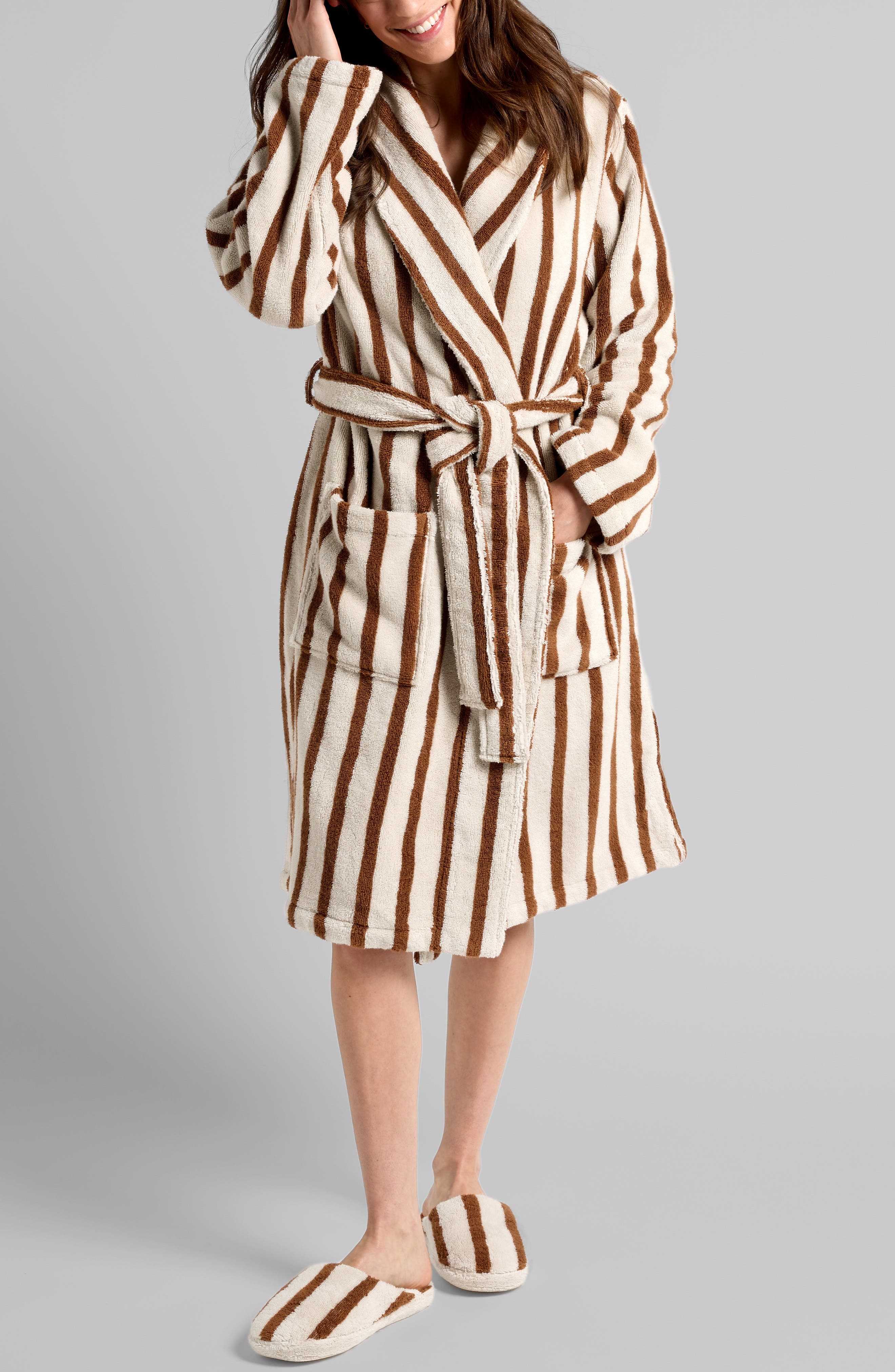 Parachute Stripe Terry Cloth Robe - Bone And Tobacco, Medium