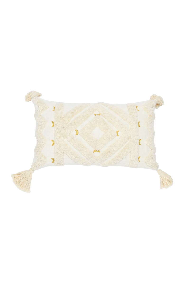 Storied Home Cotton Tufted Lumbar Pillow with Embroidery and Tassels, Main, color, Cream