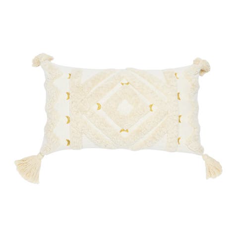 Cotton Tufted Lumbar Pillow with Embroidery and Tassels