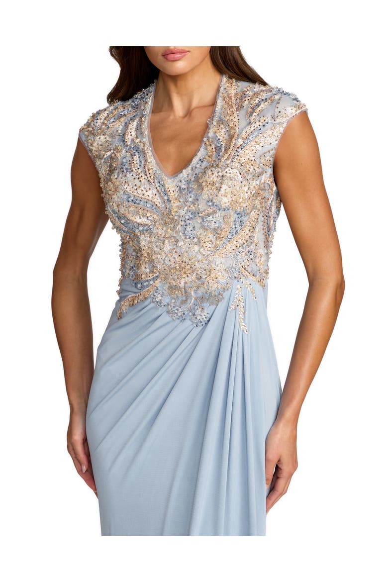 Jersey Beaded Embroidered V Neck Cap Sleeve Gown, Alternate, color, French Blue