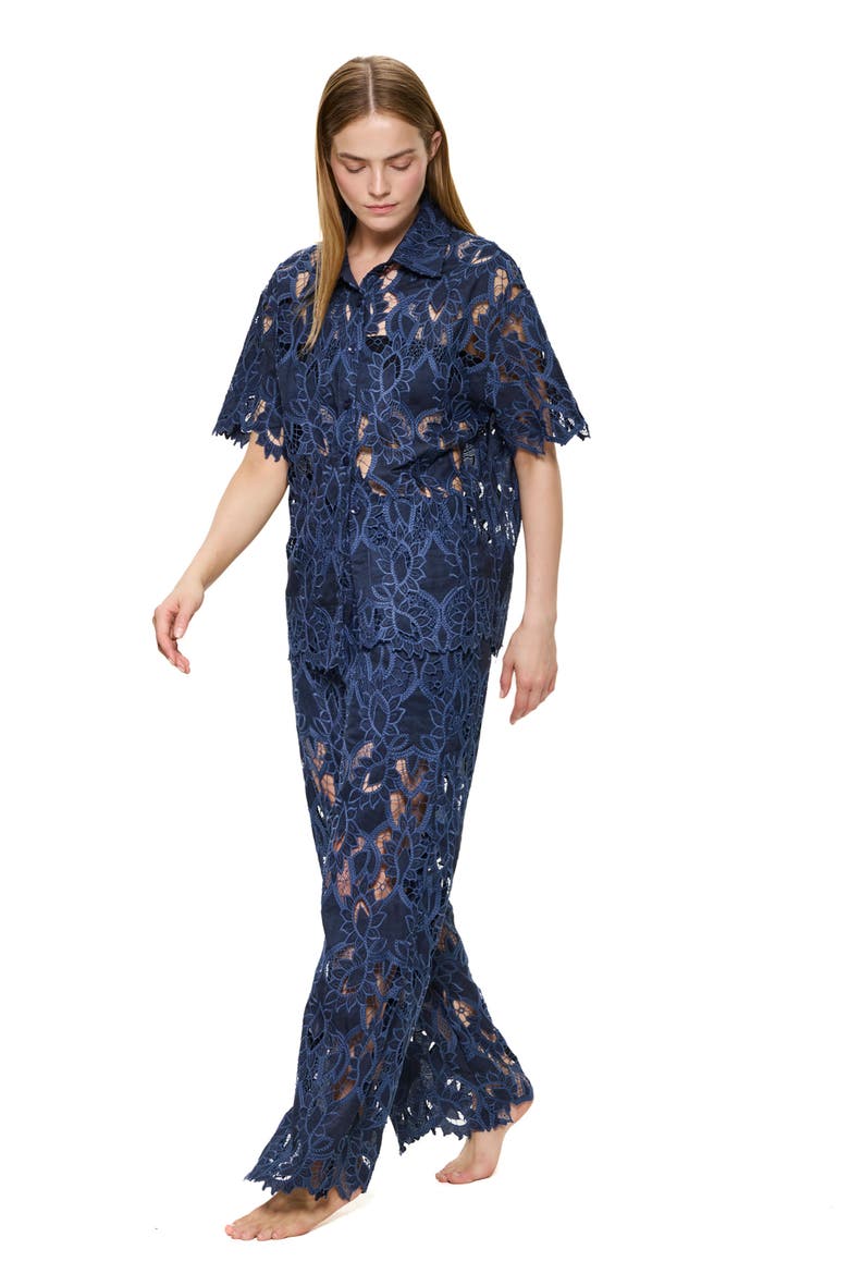 Guipure Lace Short Sleeve Button Down Shirt Cover-Up, Alternate, color, Navy