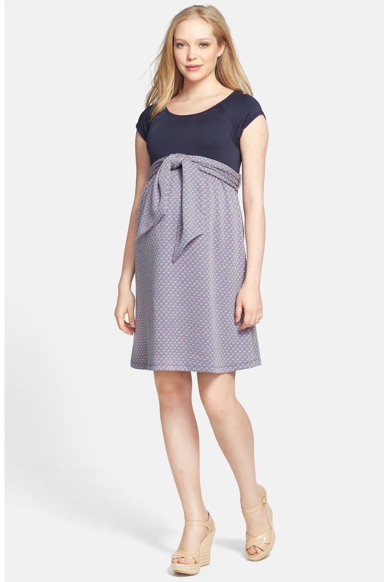 Scoop Neck Front Tie Dress, Main, color, NAVY/ DIAMOND PRINT