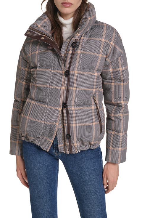 Plaid Down & Feather Fill Puffer Jacket