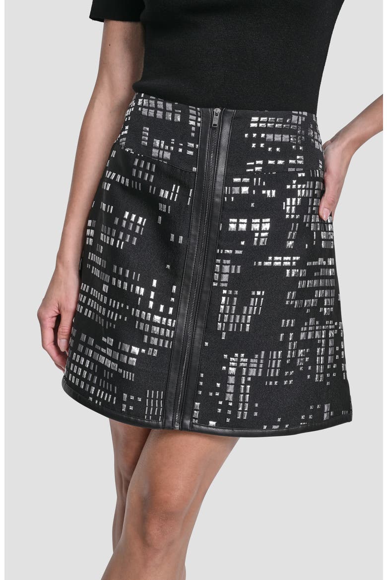 Front Zip Abstract Jacquard Miniskirt, Alternate, color, BLACK/ SILVER