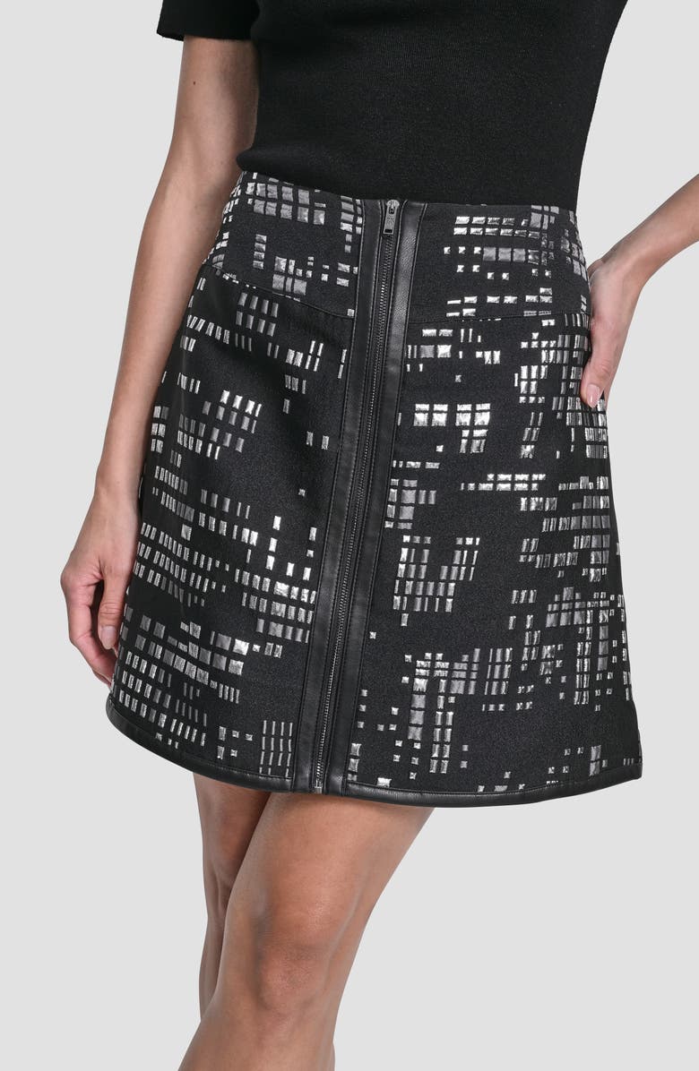 DKNY Front Zip Abstract Jacquard Miniskirt, Alternate, color, Black/ Silver