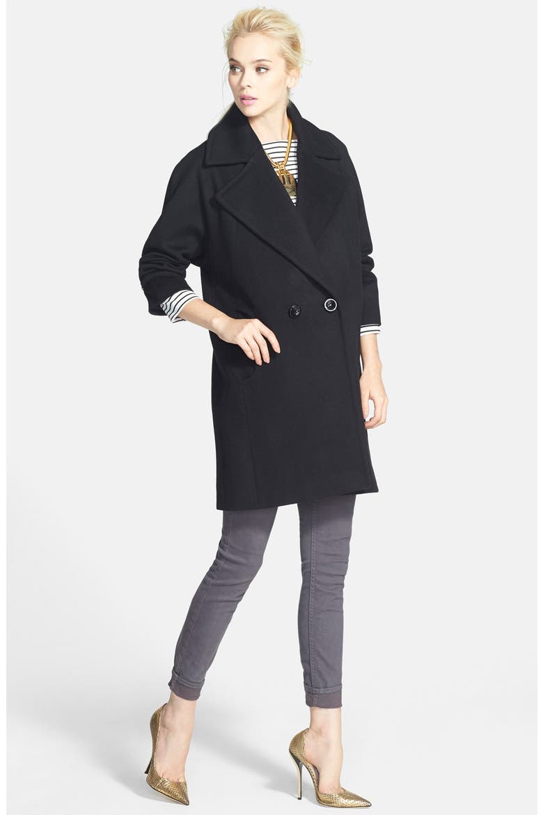 Double Breasted Lambswool Blend Coat, Alternate, color, BLACK