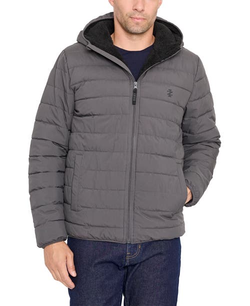 Izod Hooded Stretch Puffer Jacket With Fleece Lining In Gray