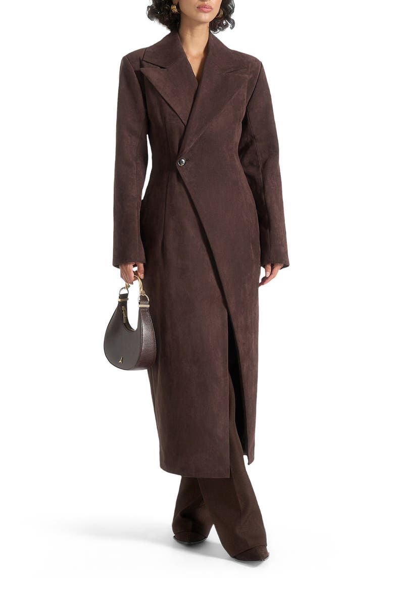 Esma Suede Asymmetric Coat with Cinch Belt, Alternate, color, Brown