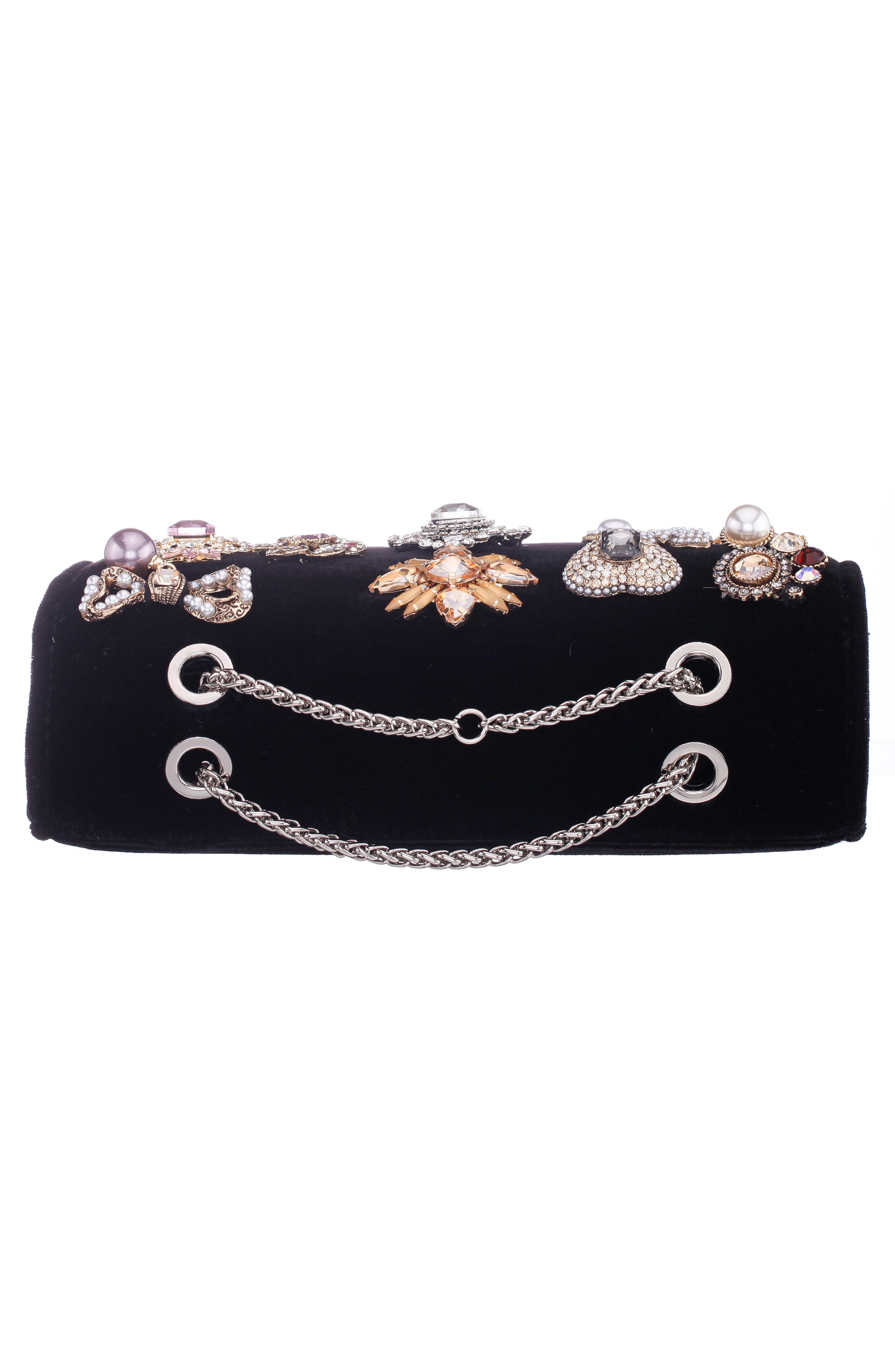 Navi Crystal Brooch Velvet Clutch, Alternate, color, BLACK