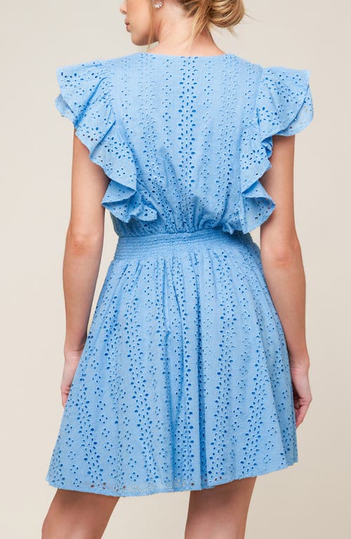 Flying Tomato Ruffle Embroidered Eyelet Cotton Fit & Flare Dress In Powder Blue