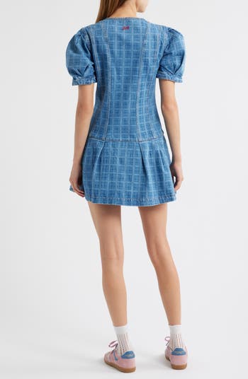 Adeline Grid Puff Sleeve Denim Minidress