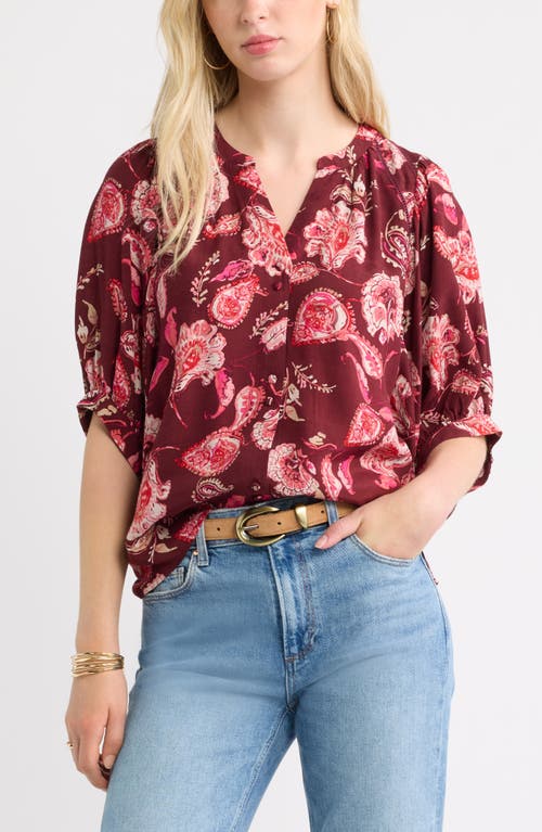 Treasure & Bond Raglan Sleeve Button-up Shirt In Burgundy Ornate Floral