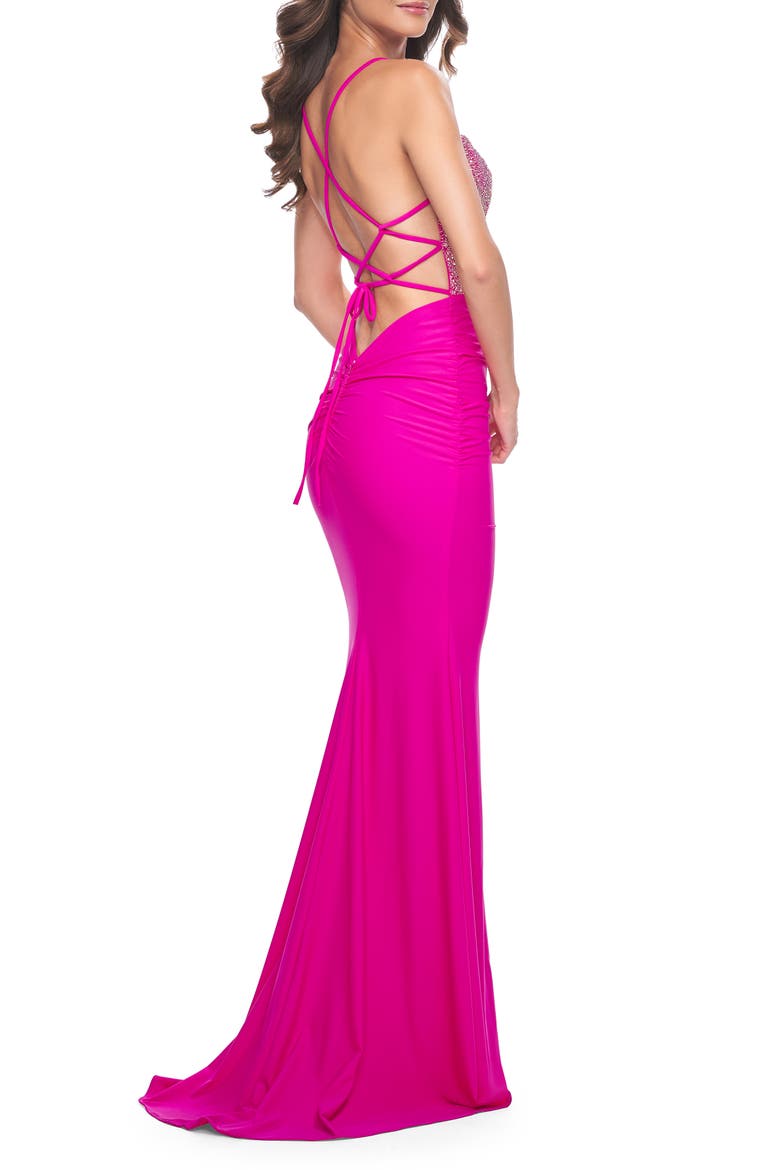 Rhinestone Bodice with Ruched Jersey Skirt Prom Dress, Alternate, color, Hot Fuchsia