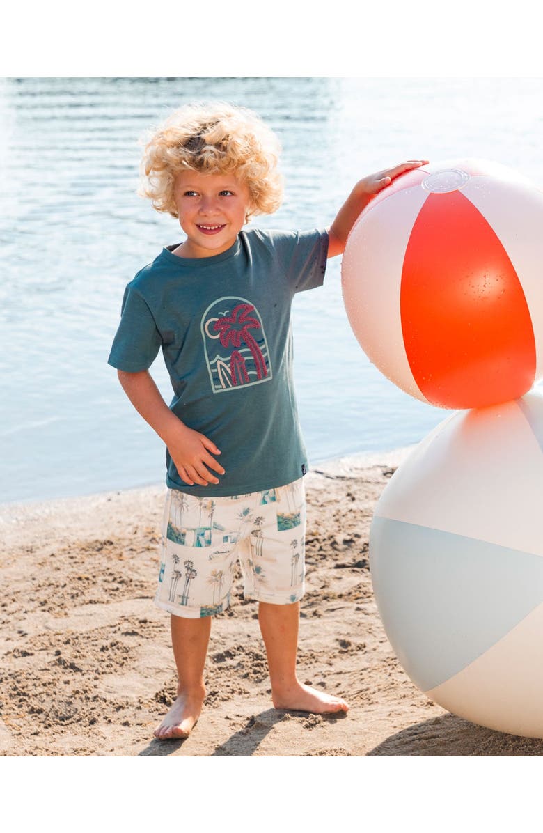 Deux par Deux Baby Boy's Printed French Terry Short Beige Palm Tree And Teal, Alternate, color,