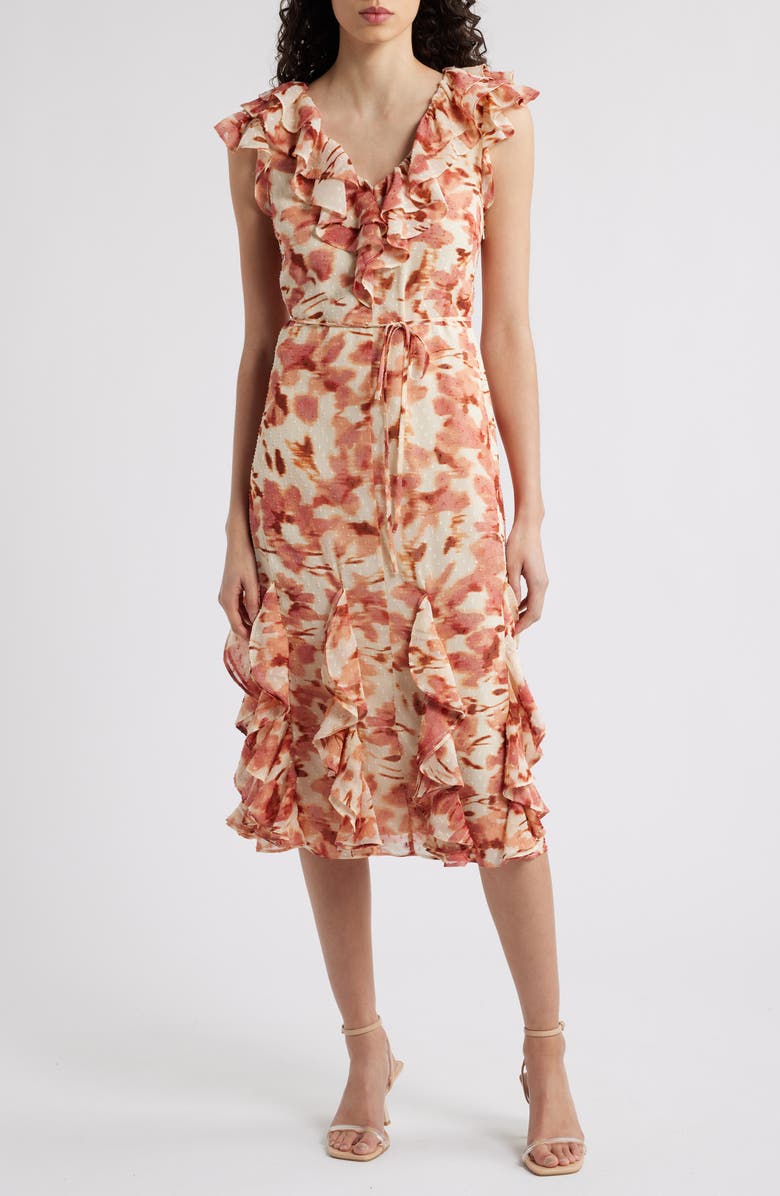 Chelsea28 Floral Print Ruffle Midi Dress, Main, color, Beige- Red Ethereal Blooms