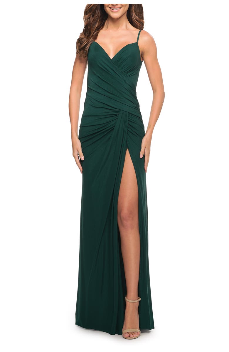 La Femme Net Jersey Long Ruched Gown with Slit and Open Back, Alternate, color, Emerald