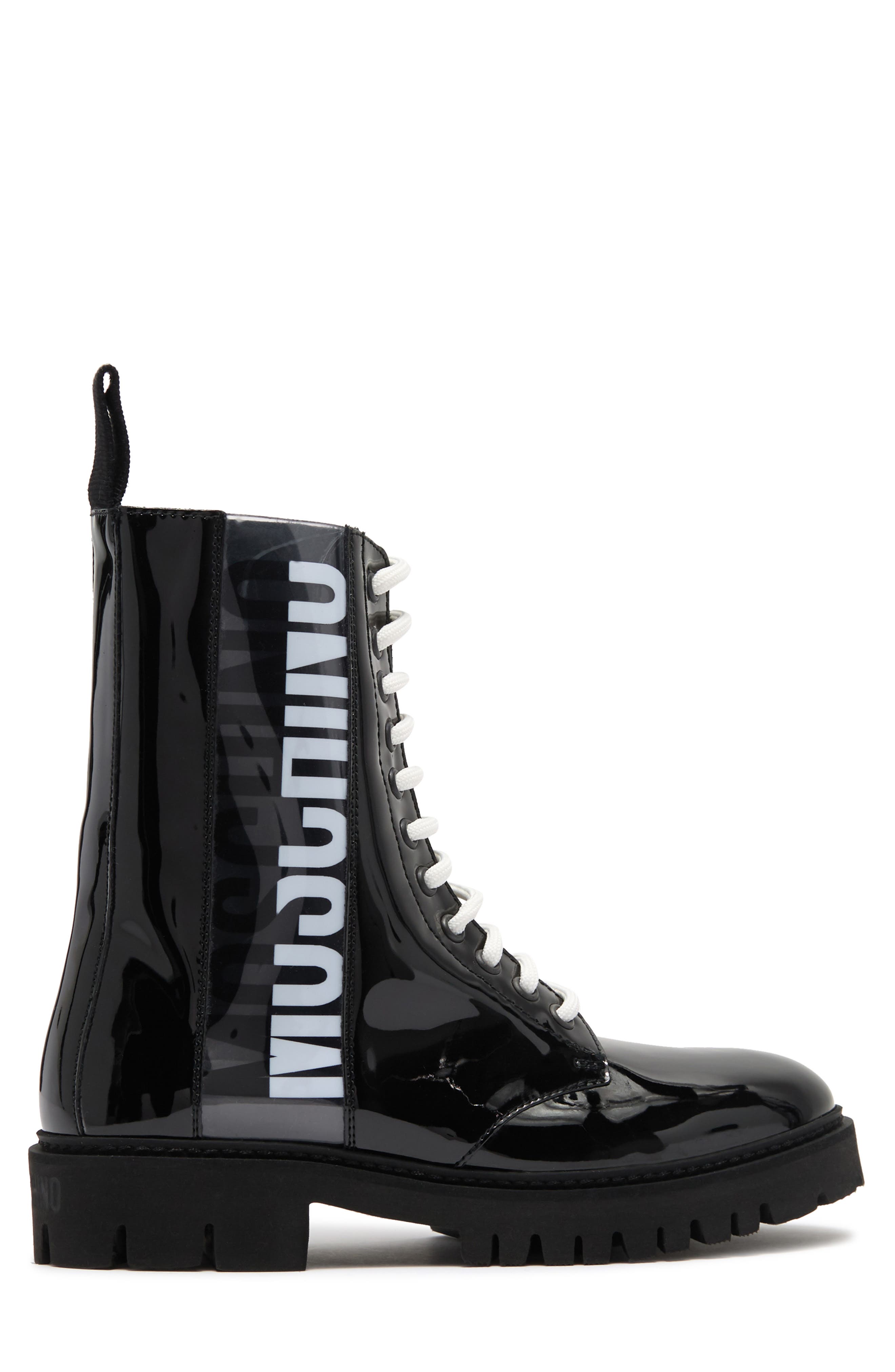 Moschino Logo Patent Combat Boot, Alternate, color, 