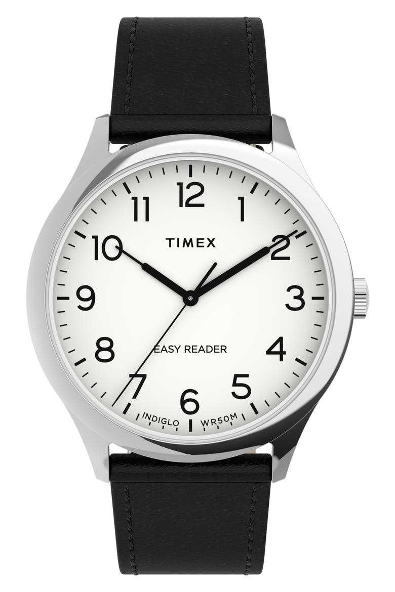 Easy Reader® Leather Strap Watch, 40mm, Main, color, BLACK/ WHITE/ SILVER