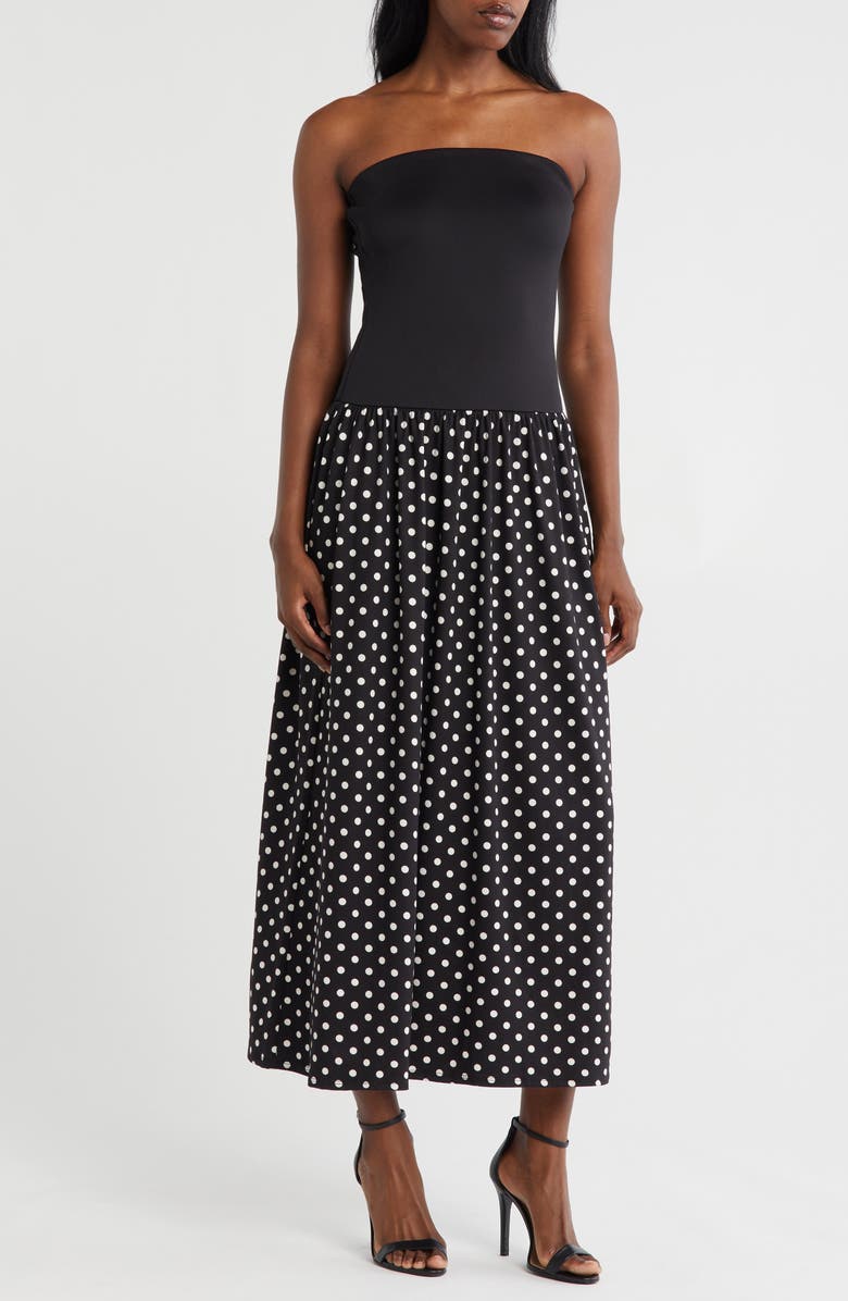 Loveappella Strapless Mixed Media Maxi Dress, Main, color, Black/ White