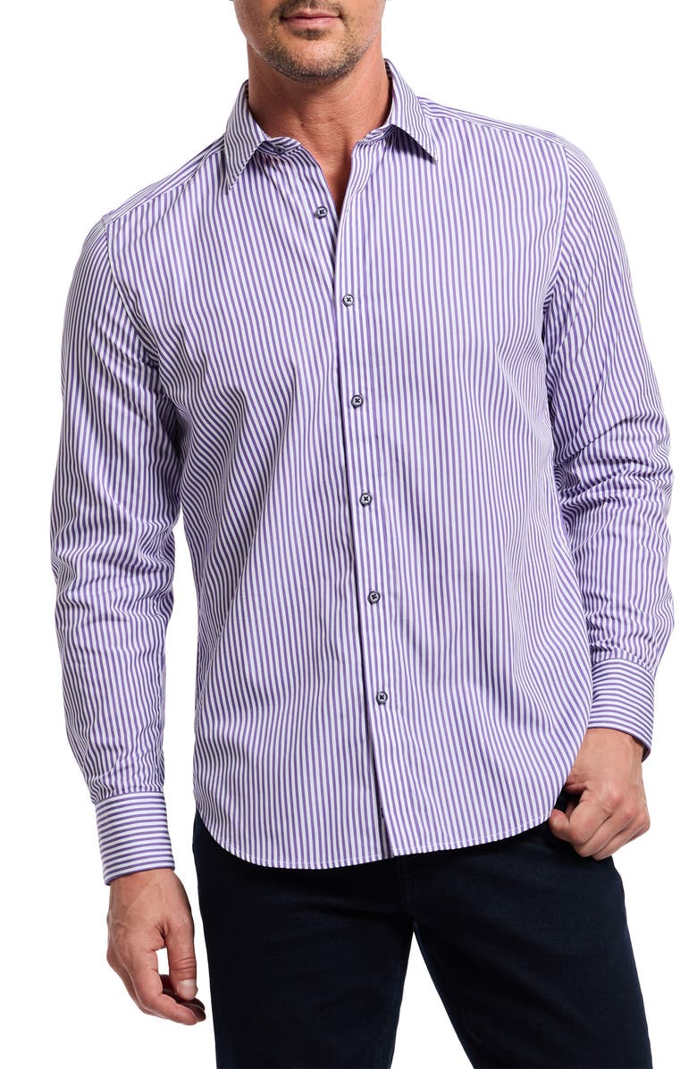 Robert Graham Greenwich Stripe Stretch Button-Up Shirt, Main, color, Purple