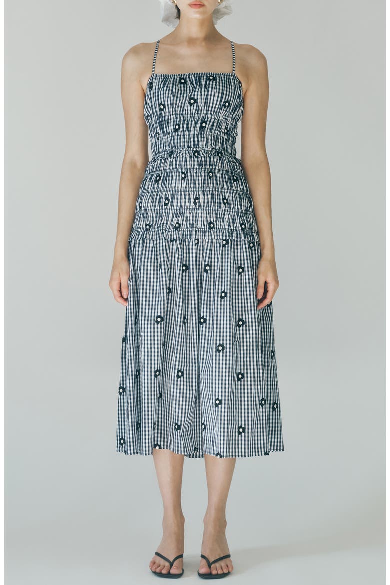 Madison Gingham Floral Embroidered Tiered Smocked Midi Dress, Main, color, NAVY GINGHAM