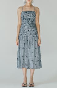 MAUDE CLUB Madison Gingham Floral Embroidered Tiered Smocked Midi Dress