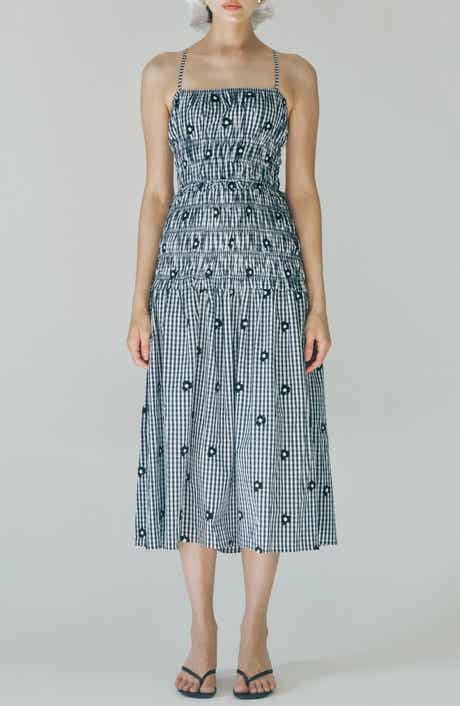 Madison Gingham Floral Embroidered Tiered Smocked Midi Dress