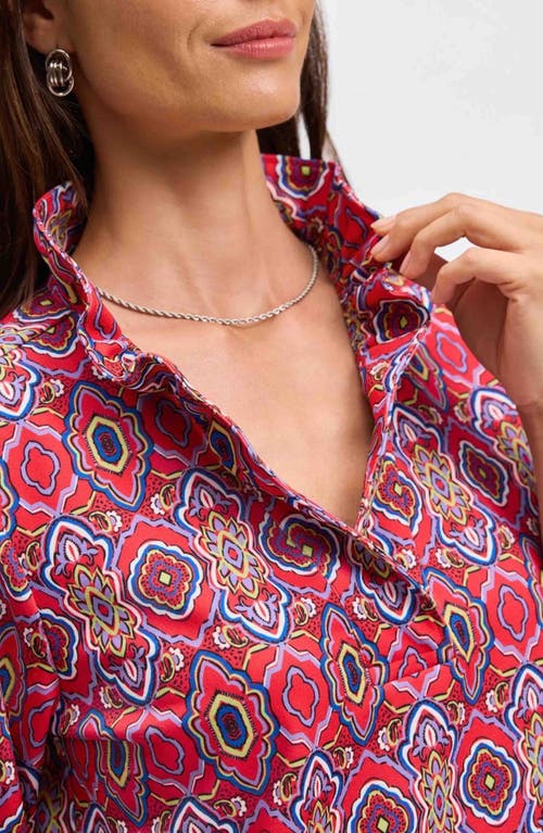 Foxcroft Tammy Tile Print Ruffle Collar Jersey Top In Red/multi