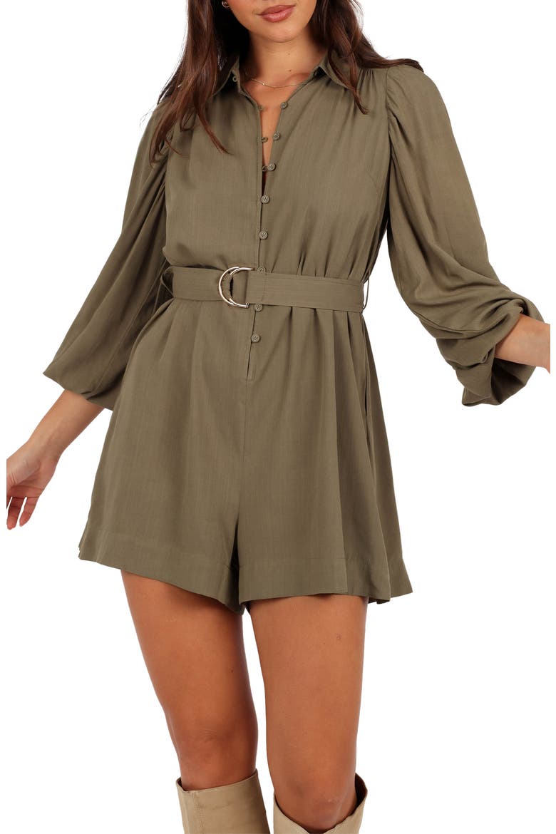 Louise Belted Button Front Three-Quarter Sleeve Romper, Alternate, color, KHAKI