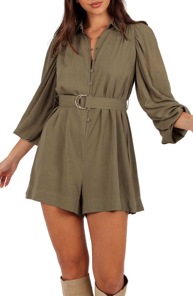 Petal & Pup Louise Belted Button Front Three-Quarter Sleeve Romper, Alternate, color, Khaki