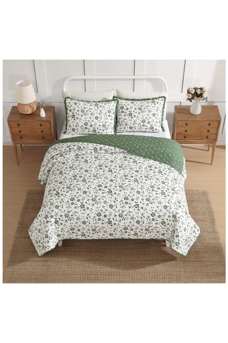 Miranda Floral Cotton Quilt & Sham Set, Alternate, color, DARK GREEN