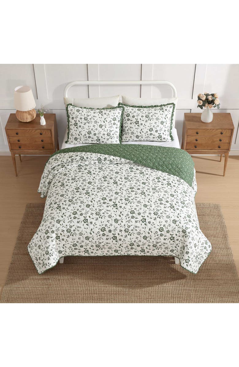 Laura Ashley Miranda Floral Cotton Quilt & Sham Set, Alternate, color, Dark Green