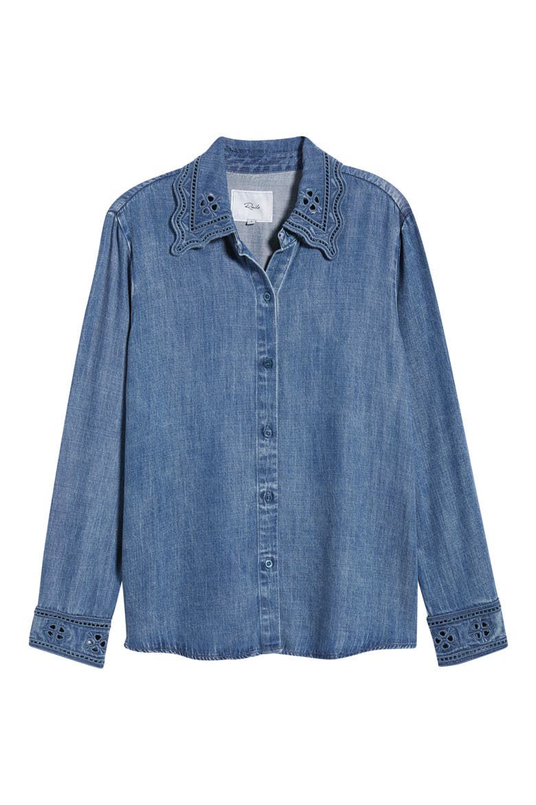 Bethany Embroidered Collar Button-Up Denim Top, Alternate, color, ANTIQUE BLUE