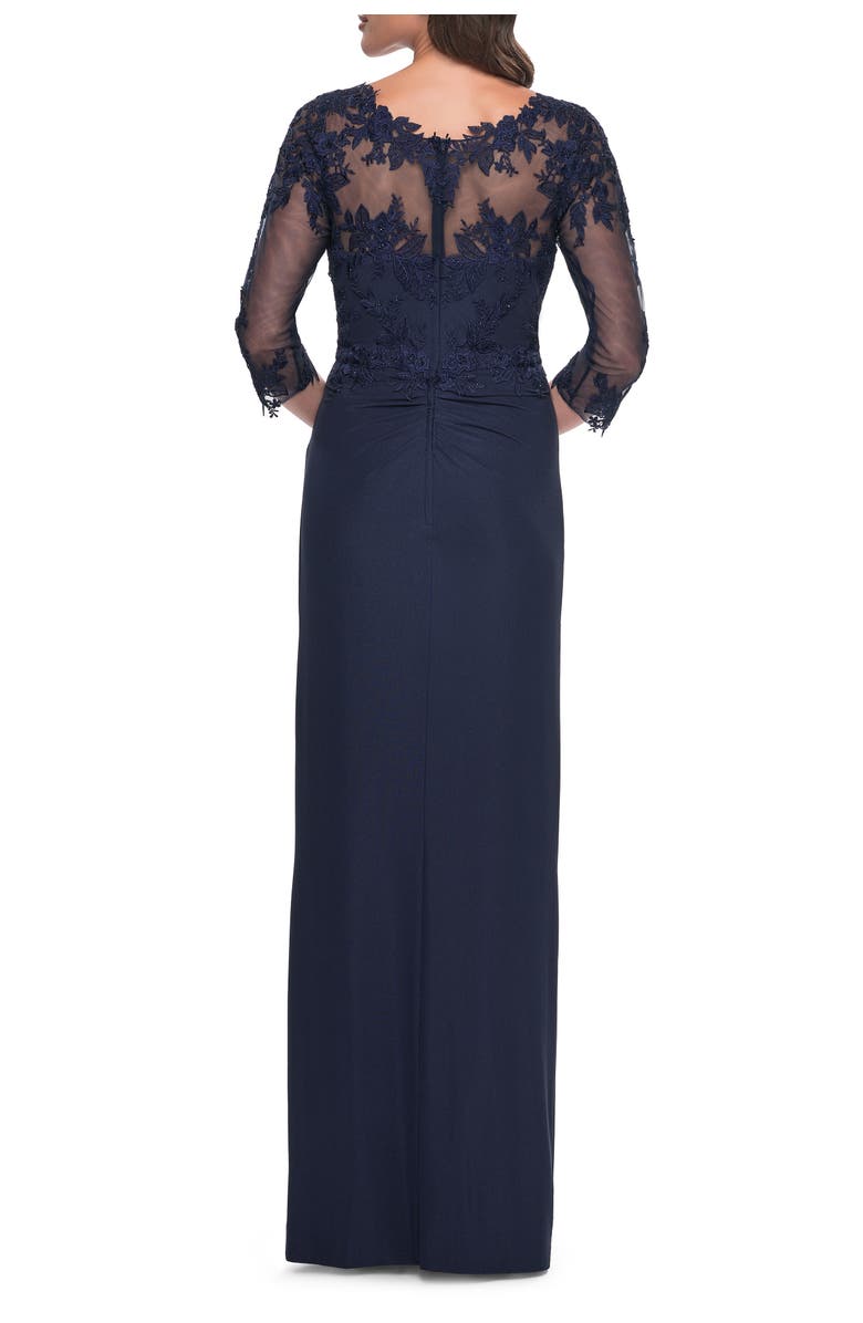 La Femme Long Jersey Evening Dress with Lace Detail Neckline and Sleeves, Alternate, color, Navy