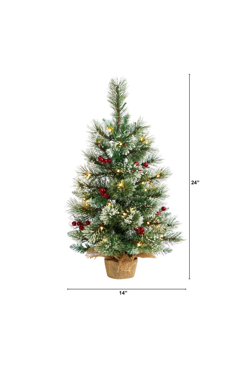 NEARLY NATURAL 2-ft Snow Tipped Pine and Berry Artificial Christmas Tree with 35 Warm White LED Lights in Burlap Base, Alternate, color, Green