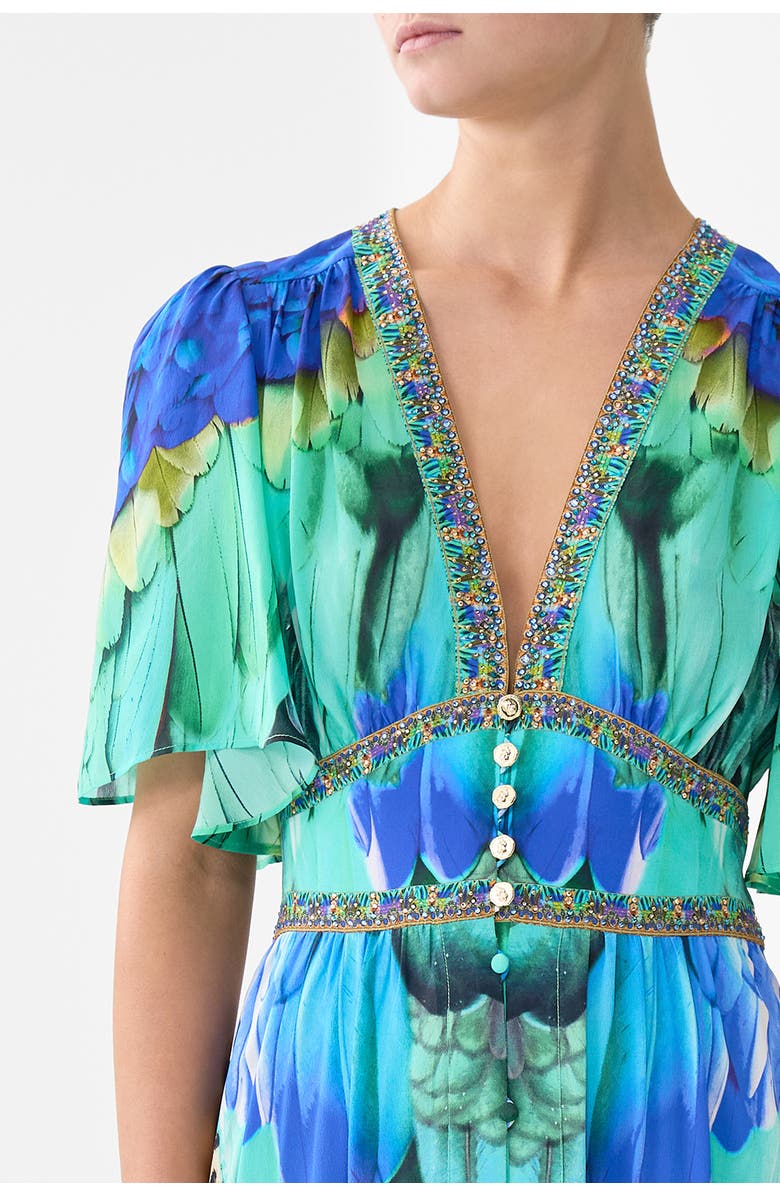 Camilla Shaped Waistband Dress With Flutter Sleeves, Alternate, color, Jungle Flight