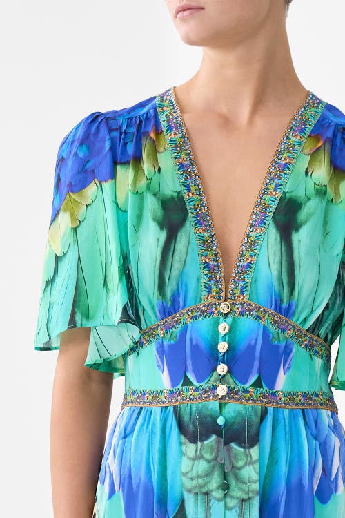 Camilla Shaped Waistband Dress With Flutter Sleeves In Multi