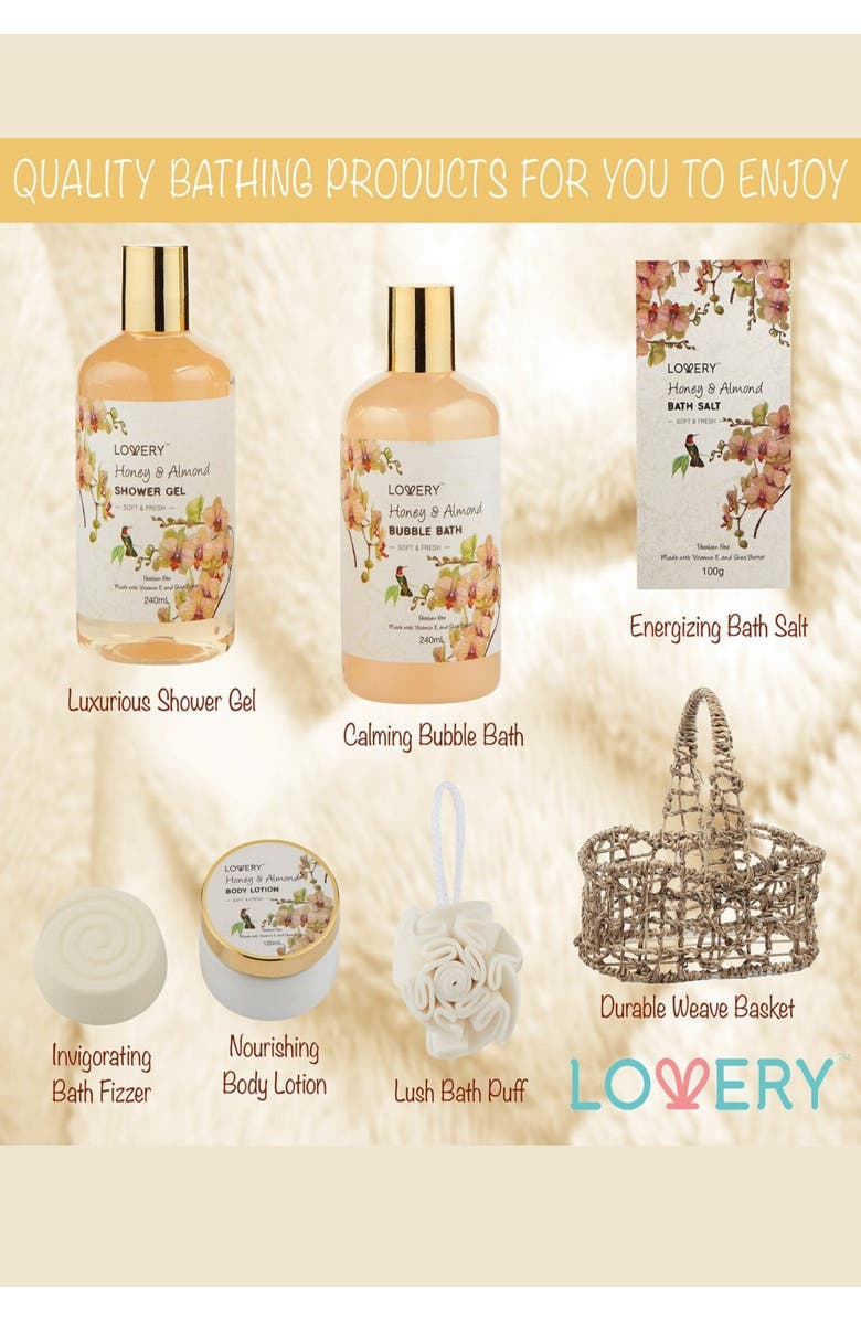 Lovery Honey & Almond Home Spa Gift Basket Luxury Set, Alternate, color, Light Beige / Brown