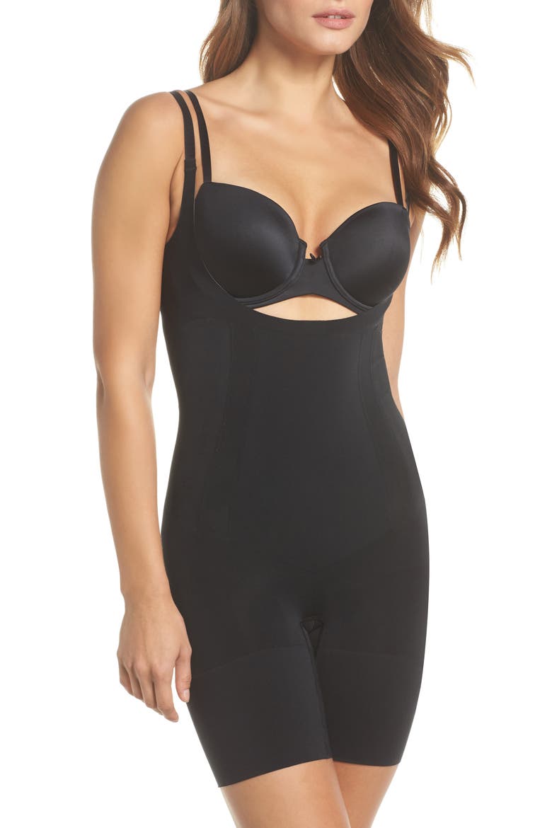 SPANXsculpt™ OnCore Open-Bust Mid-Thigh Bodysuit, Main, color, VERY BLACK