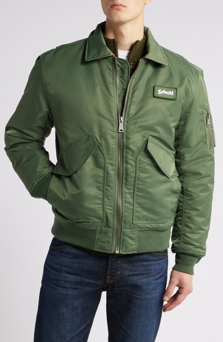 Schott NYC Water Resistant Satin Flight Jacket, Alternate, color, Sage