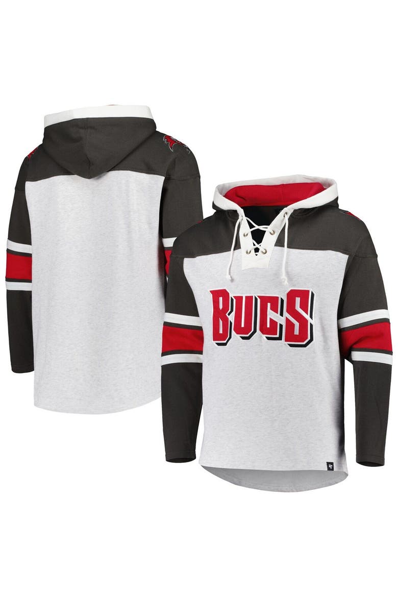 Men's '47 Tampa Bay Buccaneers Heather Gray Gridiron Lace-Up Pullover Hoodie, Main, color, Gray
