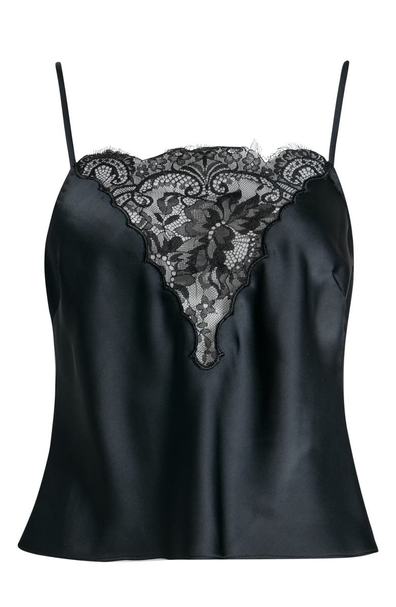 LoveShackFancy Constantina Lace Trim Satin Camisole, Alternate, color, Black