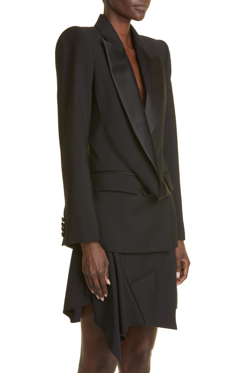 McQueen Asymmetric Drape Front Wool Tuxedo Jacket, Alternate, color, 