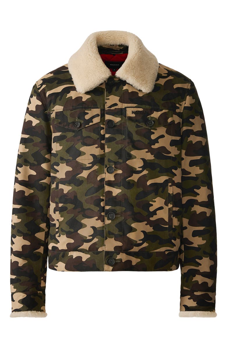 Mackage Nash Camo Cotton Trucker Jacket with Removable Genuine Shearling Collar, Alternate, color, Camouflage Print