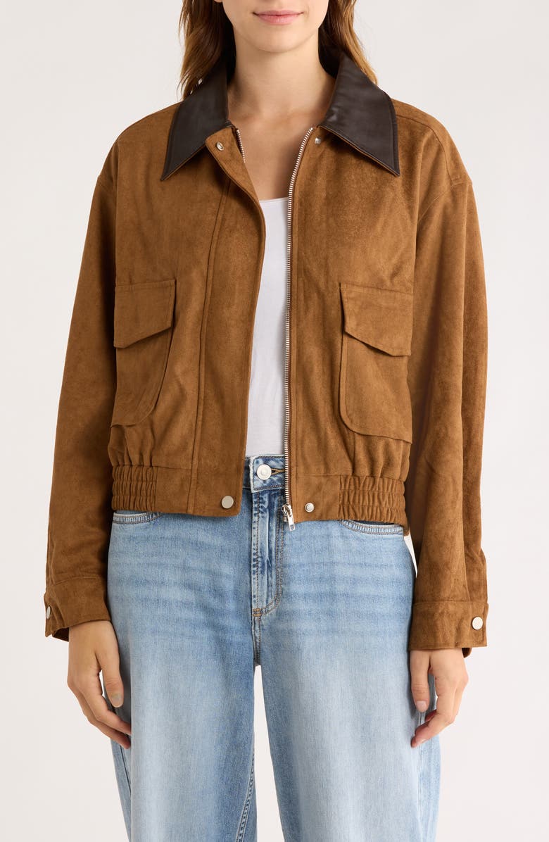 Elodie Faux Leather Collar Faux Suede Crop Jacket, Main, color, Camel