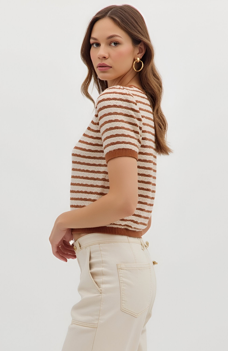 Modenaire Striped Short Sleeve Knit Top with Button Placket and Scallop Trim, Alternate, color, 