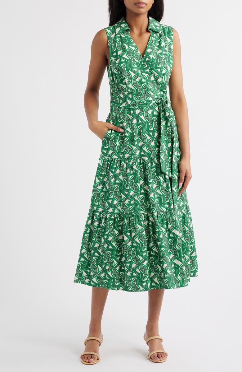 Tahari ASL Sleeveless Tie Waist Shirtdress, Main, color, Ivory Clover