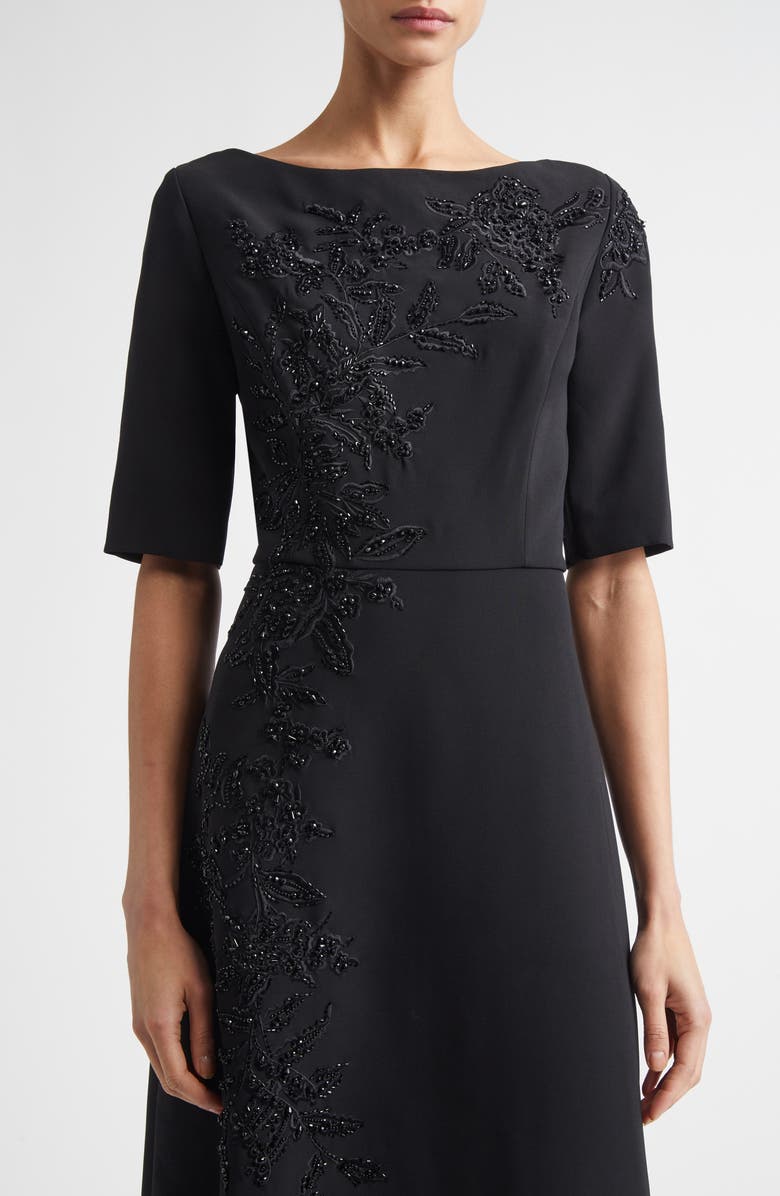 Carolina Herrera Embroidered Bateau Neck Midi Dress, Alternate, color, Black