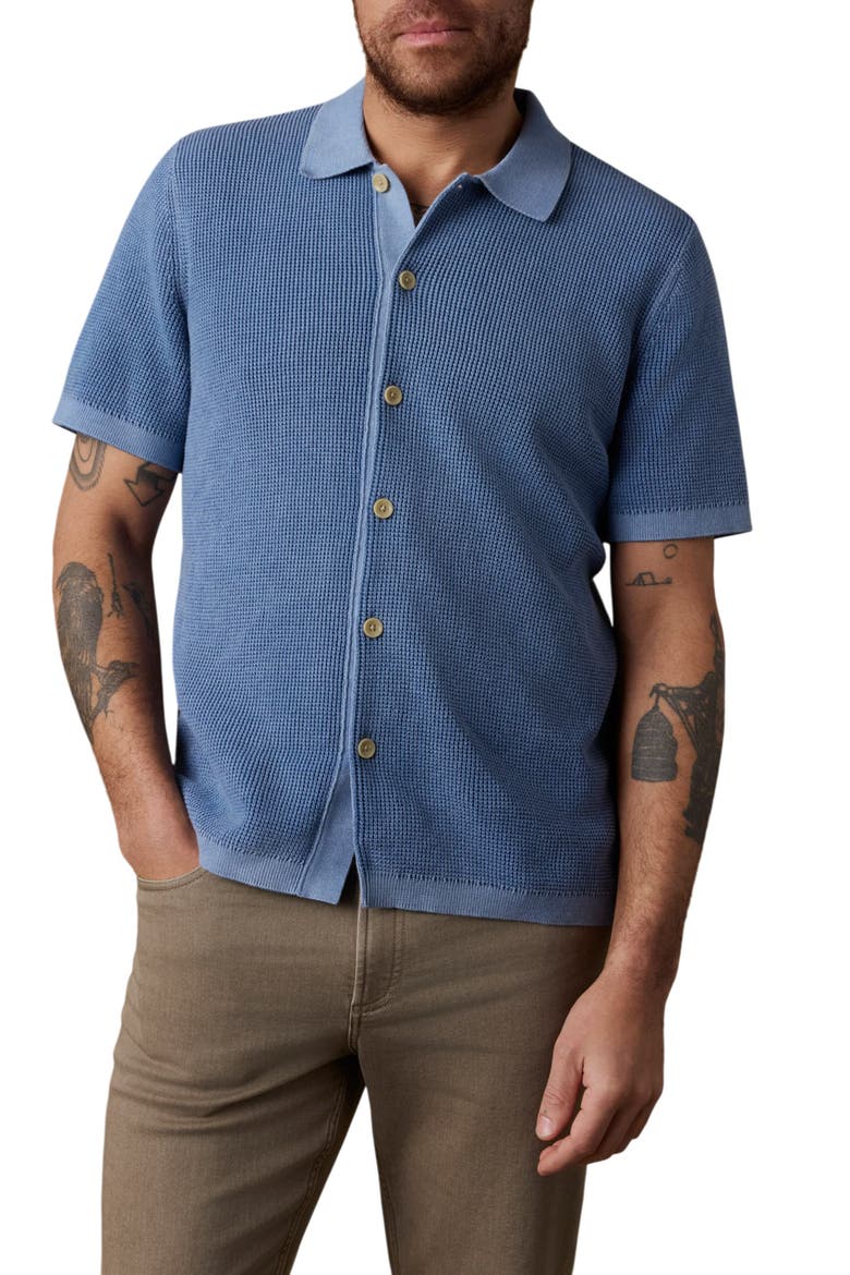 Sunwashed Waffle Stitch Short Sleeve Organic Cotton Button-Up Sweater Shirt, Main, color, BLUE SEA